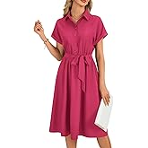 LYANER Women's Collar V Neck Button Front Tie Waist Short Sleeve Ruffle Hem Flowy Midi Dresses Rose Red# Large