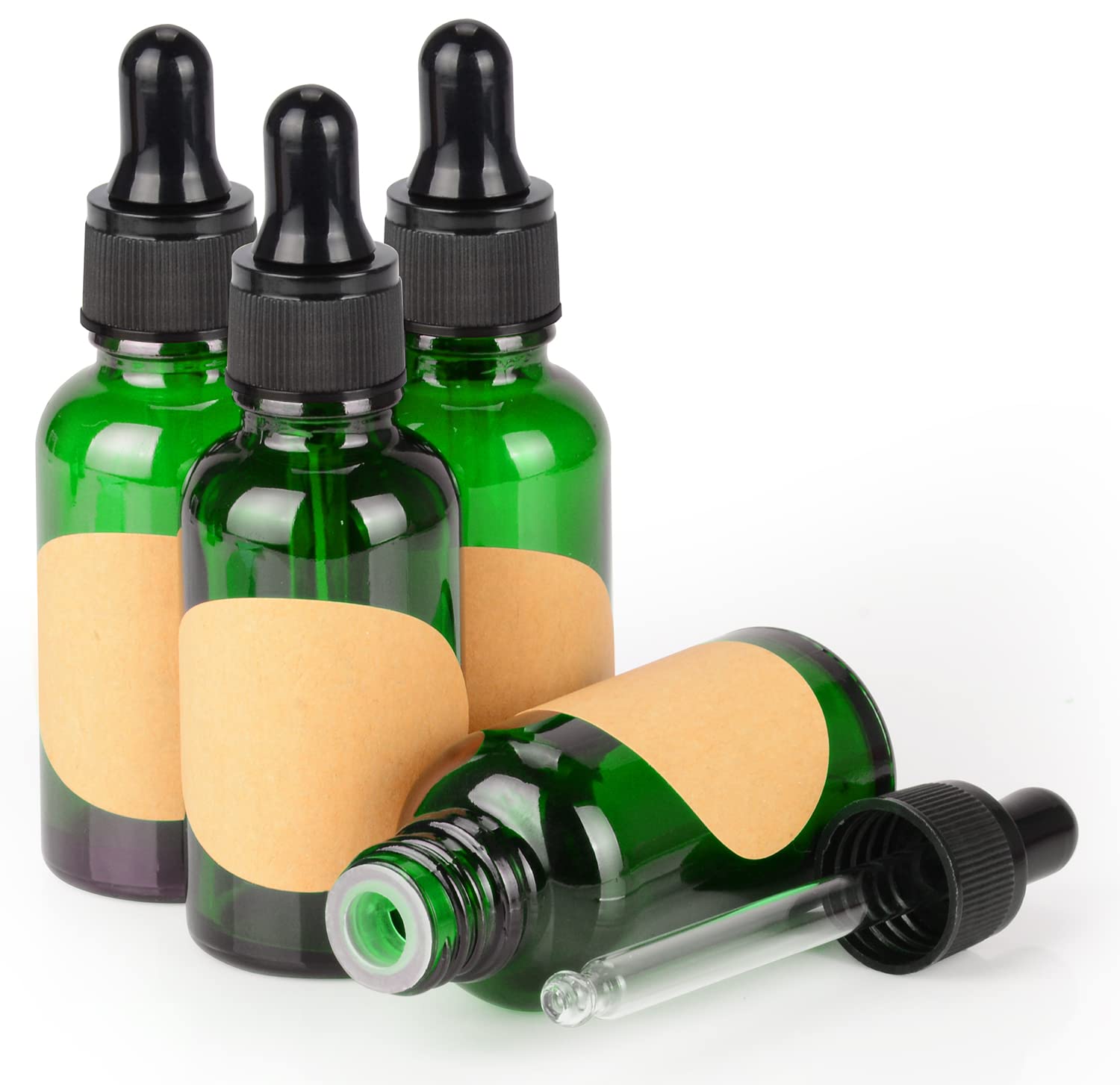 stonylab 4-Pack Glass Dropper Bottle, Empty Bottle with Glass Dropper, Inner Plug and Label for Laboratory Solutions (30 ml, Green)