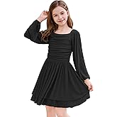 ODIZLI Kids Girls Mesh Long Sleeve Ruched Double Layered Ruffle A Line Party Dress Square Neck Fall Casual Tween Dresses