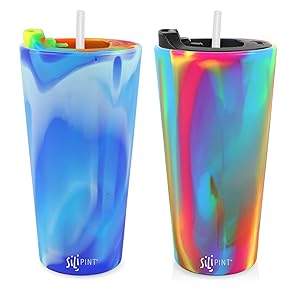Silipint The Original Silicone Cups - 22oz Bomber Glass Set With Lids and Straws, Patented, BPA-Free, Shatter-proof Silicone Cup Drinkware (Arctic Sky & Hippy Cups, Bouncy Black Lid, Frosted Straw)