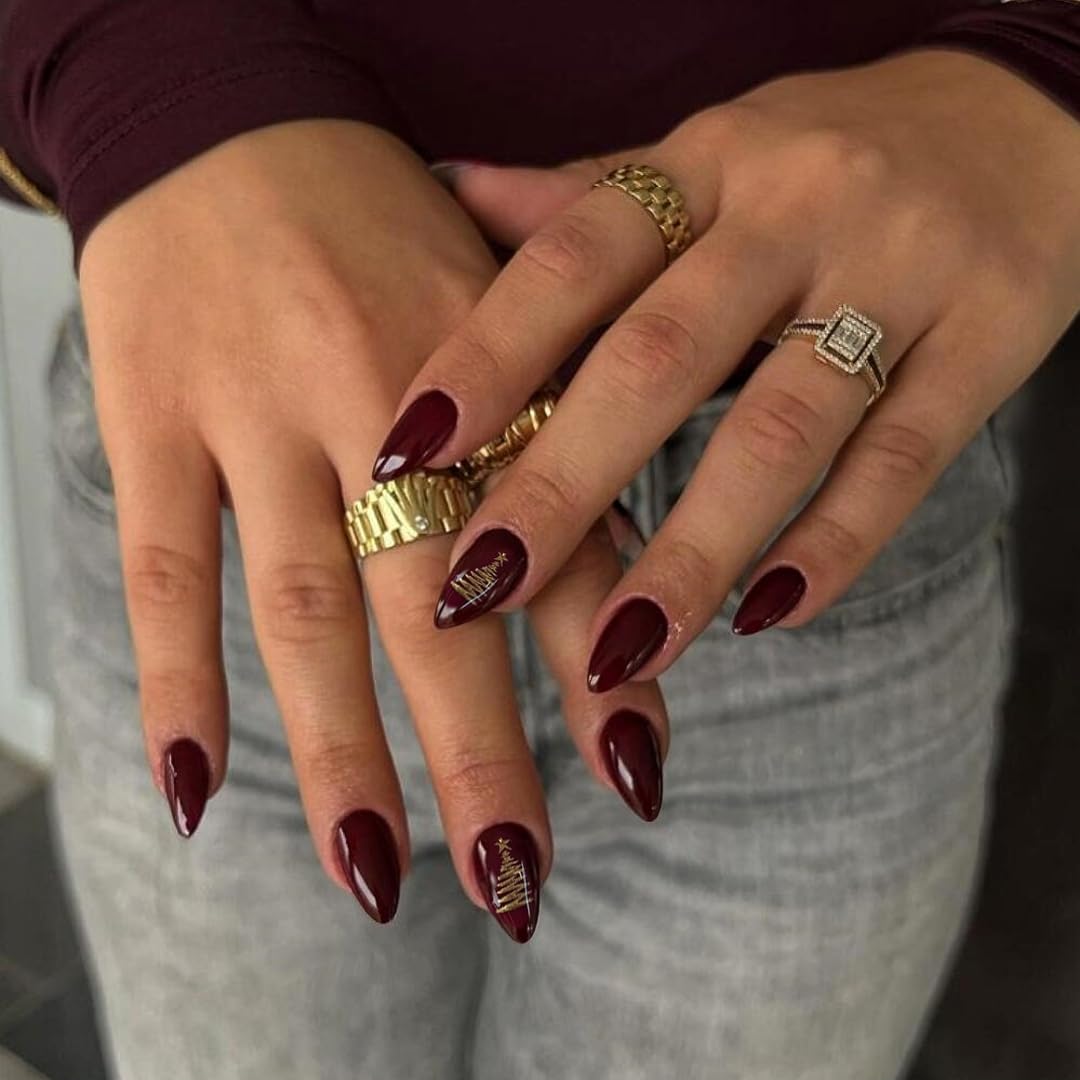 KQueenest Dark Red Christmas Press on Nails Short Almond with Glitter Christmas Tree Design, Cute Fake Nails Acrylic, Burgundy Christmas Nails Press on, Xmas Glossy Stick on Nails For Women, 24 Pcs