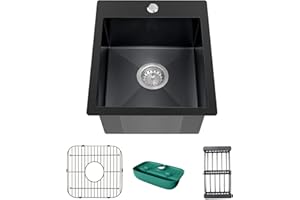 KOARDINK Black Kitchen Sink, Stainless Steel Drop In 15x17x9 Inch Single Bowl Topmount Kitchen And Bar Sink Combo-Stainless Grid,Drain Basket,Faucet Mat,Drain Strainer Set for Modern Style Kitchen&Bar