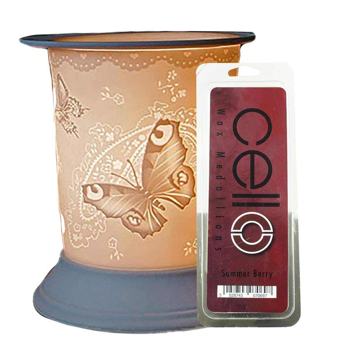 Cello Z8312 Straight Electric Melt Burner Silk Wings Design, Bundled with 1 pack of 3 Summer Berry Wax Medallions, White