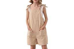 Lindanina Girls Romper Sleeveless Adjustable Tie-Up Strap Short Jumpsuits Summer Clothes with Pocket 5-12 years