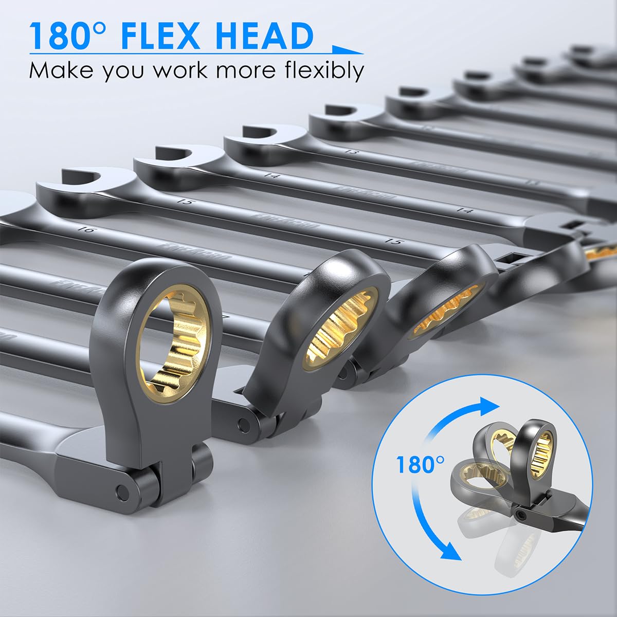 ENEACRO Gelenk-Ratschenschlüssel Set, 12Tlg, 8-19mm, Flex-Kopf Anti-Rutsch Ringmaulschlüssel, Gabelschlüssel-Ringmaul-Schlüssel-Set，72-Zähne, Cr-V, Vernickelt, mit Rolltasche 5