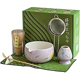 Matcha Whisk Set, Ceramic Matcha Set Includes Bamboo Whisk & Ceramic Matcha Bowl and Whisk Holder, Steel Sifter, Scoop, Scoop Rest, Tea Towel -7 Pcs Matcha Kit for Matcha Tea Ceremony