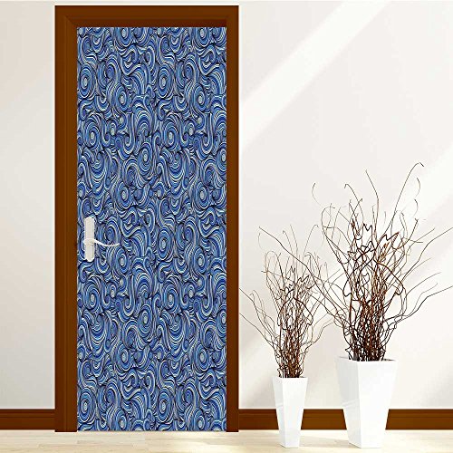 aolankaili 3D Door Wallpaper vmree Waterproof Door Wall Fridge Sticker Wrap Mural Scene Retro Bookcase Self Adhesive Stickers Decor 30x79 inch(Asian Abstract Art Waves Hand Drawn Style Artsy Print)
