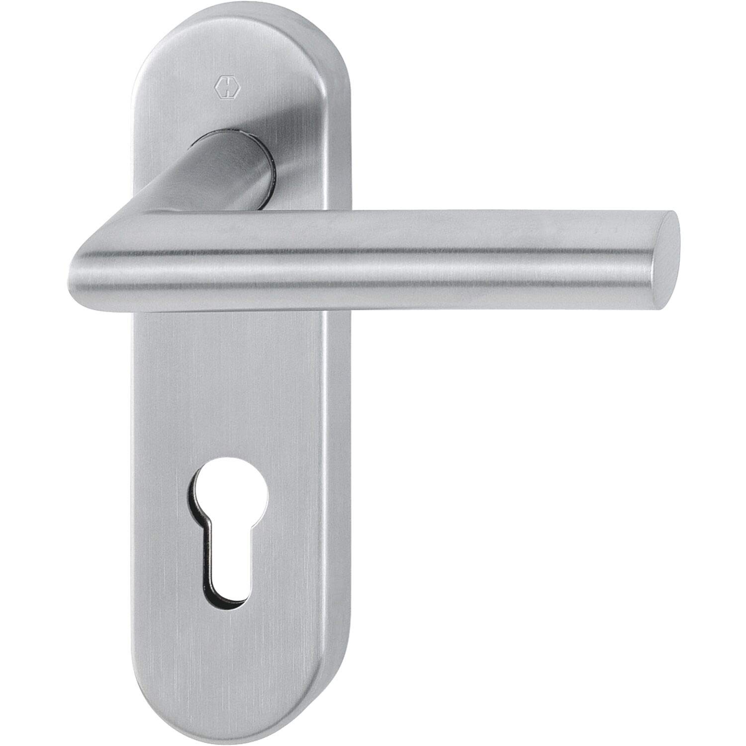 HOPPE 10722509, matt Stainless Steel fire Protection Handle Set Amsterdam on Short Plate PZ