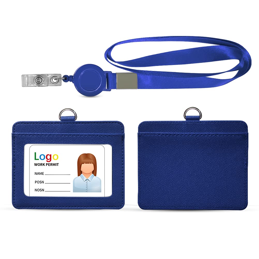 HYCOPROT ID Badge Holder 2-Sided Pu Leather With 1 Id Window and 1 Card Slot and 1 Piece 34.8 Inch Detachable Neck Lanyard id card holder For Office School Business Travel Student (blue, Horizontal) — image 1