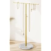 Gold Necklace Holder,Adjustable T-Bar Jewelry Stand with White Marble Base | Elegant Marble Base,Adjustable Height T-Bar Design,Minimalist Jewelry Display,for Bedroom and Dresser,Necklace Organizer