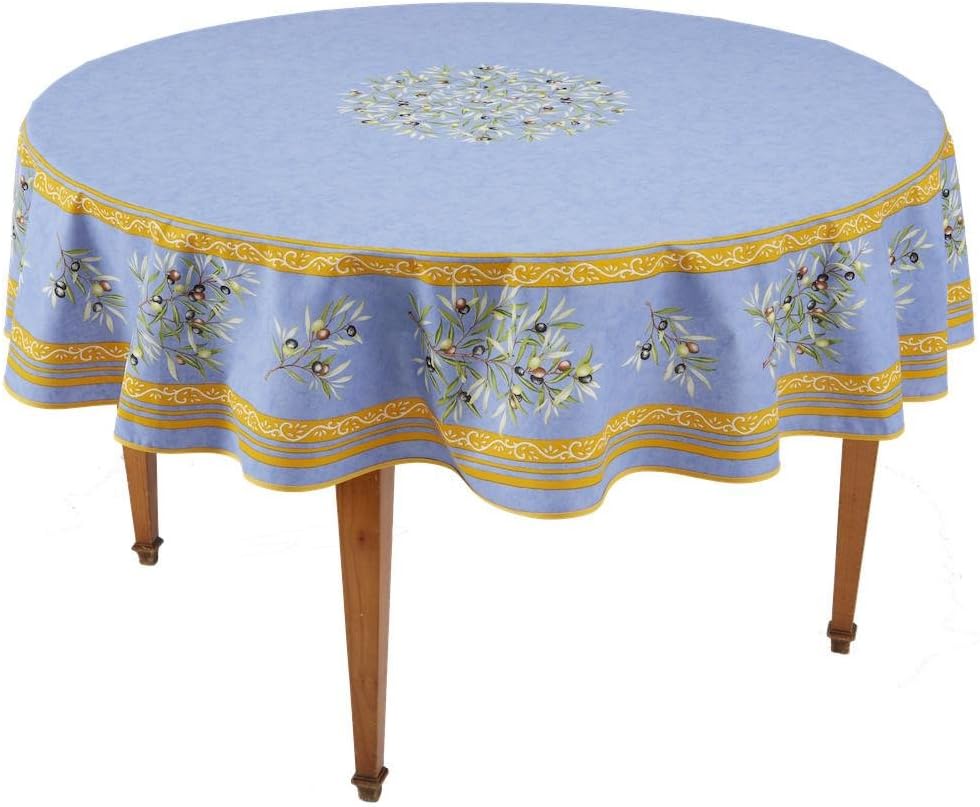 Occitan Imports Clos des Oliviers Bleu Round French Tablecloth, Coated Cotton, 71 in Diameter