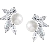 SWEETV Pearl Wedding Earrings for Brides, Bridesmaids, Bridal Pearl Cluster Earrings, Cubic Zirconia Pearl Drop Stud Earrigs for Women, Formal Jewelry Mother's Day Gifts