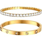 Womens Stackable Gold Bracelets Jewelry , 18K Gold Plated Bangle Bracelets,Bangle Bracelets Non Tarnish, Gold Cubic Zirconia Tennis Bracelet Set Gift,Christmas Valentines Birthday Gifts for Girlfriend