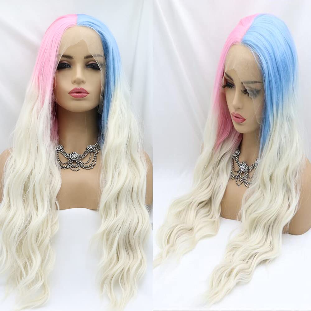 Natural Curly Mermaid Piano Color Pink To Blue to White Three Tone Synthetic Lace Front Wig For Women Heat Resistant Replacement Wigs