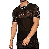 WDIRARA Men's Rhinestone Mesh Sheer T Shirts Sparkle Crew Neck Short Sleeve Casual Tee Top
