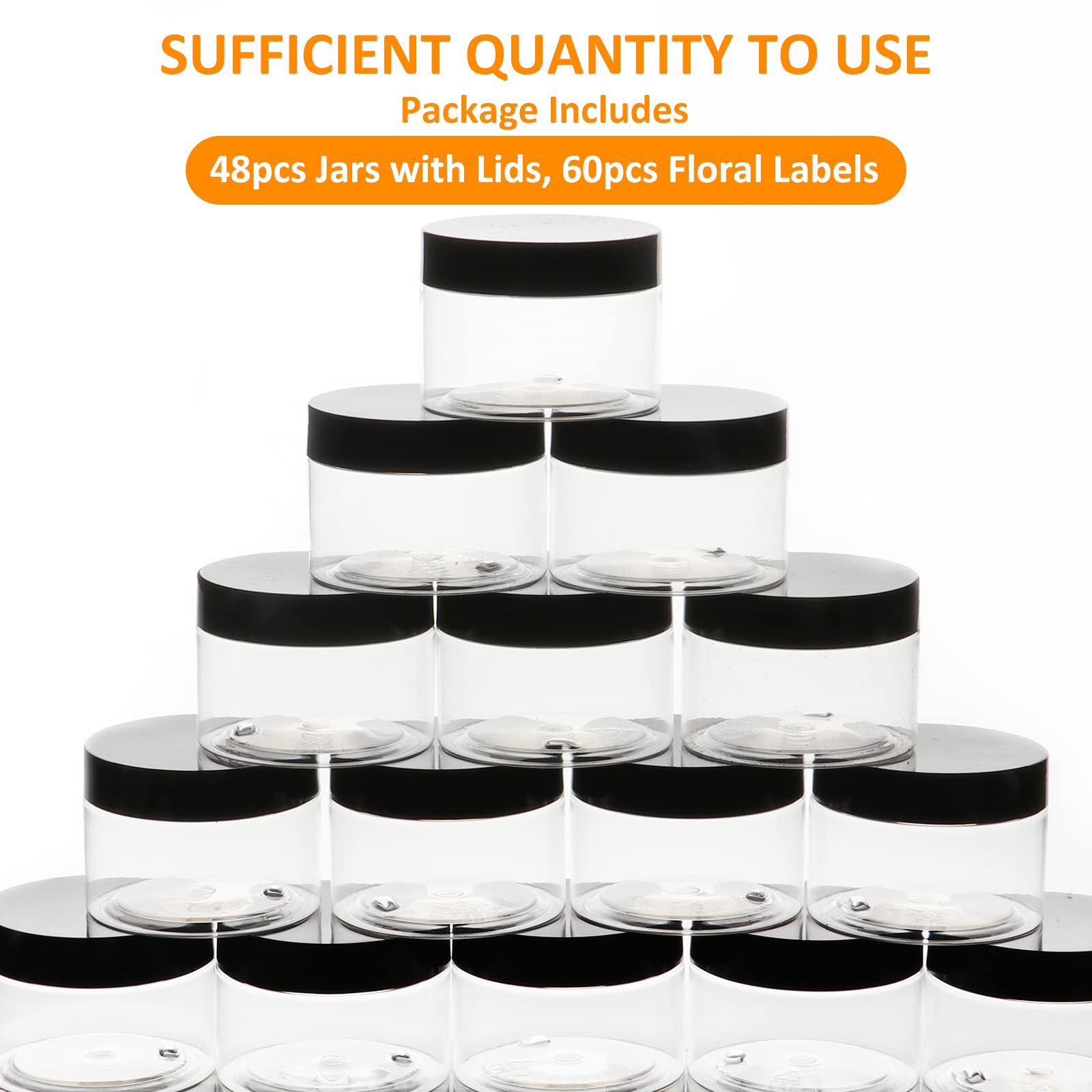 Clear 4 oz Plastic Jars with Lids & Labels - Refillable Cosmetic Small Containers with Black Screw Lid/Slime Containers (4 fl.oz, 48Pack)