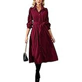 YEXPINE Women's Corduroy Midi Dress Long Sleeve Button Down Belted Flowy Shirt Dress with Pockets