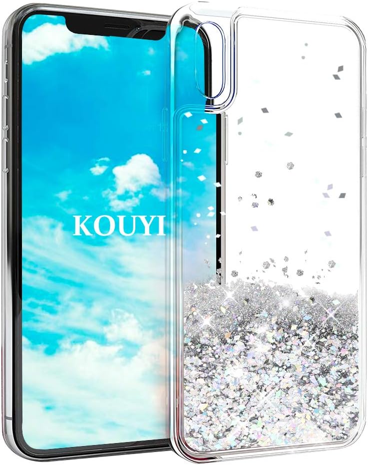 KOUYI for iPhone XS Case Glitter, [Dream Star Series] Fashion Flowing Bling Quicksand 3D Glitter Cute Design Clear Transparent Flexible TPU Protective Cover for iPhone XS 5.8 Inch (Silver)