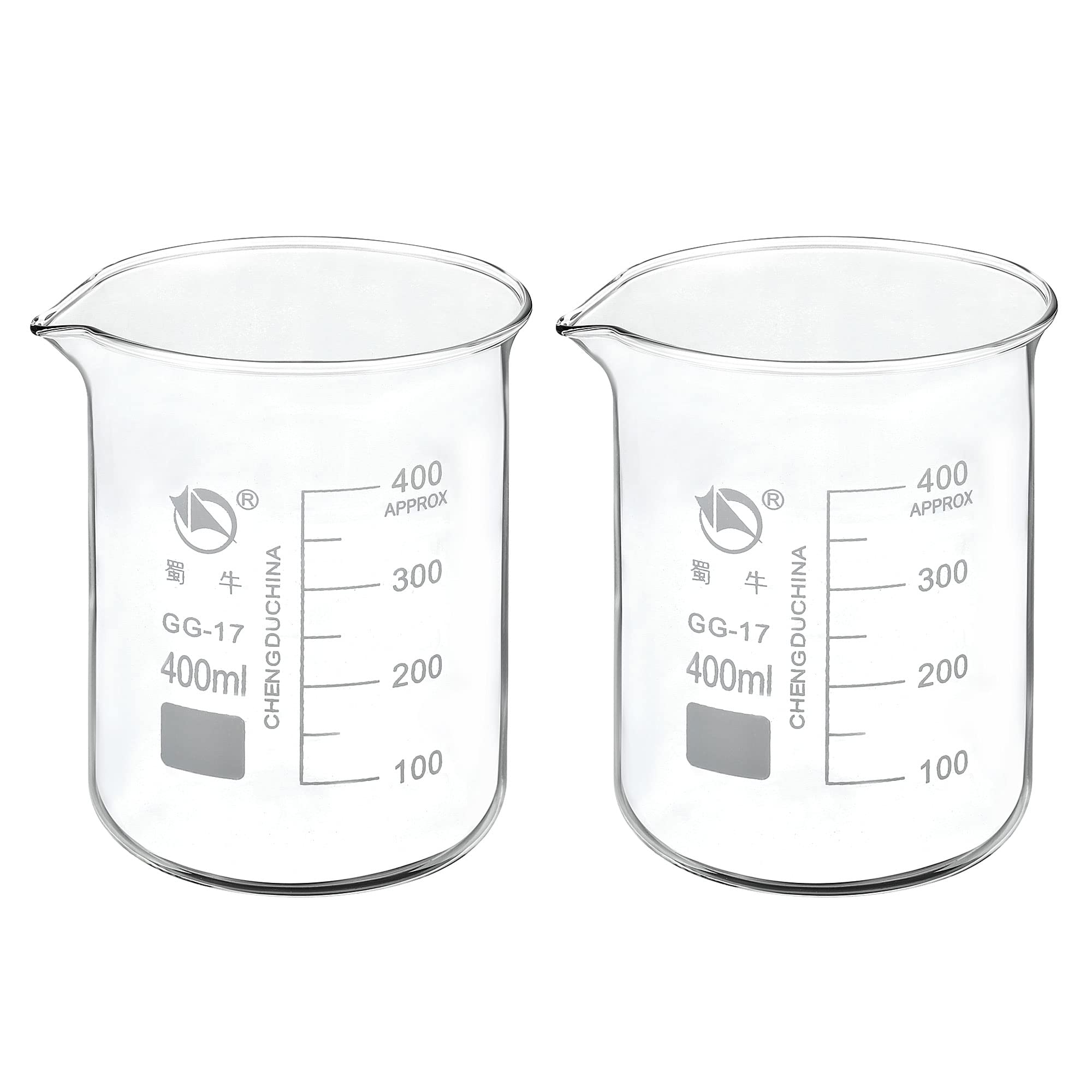PATIKIL 400ml Low Form Glass Beaker, 2 Pack 3.3 Borosilicate Glass Graduated Printed Scale Measuring Cups with Spout for Kitchen Lab Liquids Transit Boiling