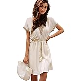 Mayper Women Lace Decoration Midi Dress V Neck Tassel Belt Elastic Waistband Short Sleeve Spring Summer Casual Dresses
