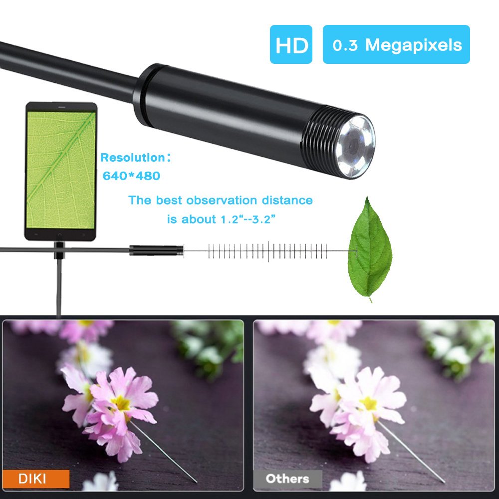 USB Endoscope for Android - DIKI 2 in 1 Waterproof Endoscope Inspection Camera with 6 Led and 5M Snake Cable with USB Adapter for Android Phone Tablet Device - 16.5FT