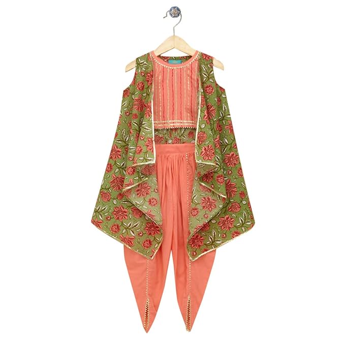 LIL PITAARA By Hopscotch Girls Cotton Printed Short Top And Dhoti With Jacket in Multi Color