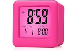 Plumeet Digital Kids Alarm Clock with Snooze and Nightlight - Easy Setting Silicone Clock Display Time, Date - Loud for Bedroom - Battery Powered (Pink)