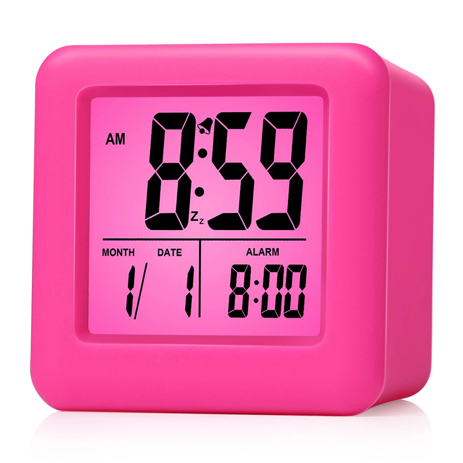 Plumeet Easy Setting Digital Travel Alarm Clock with Snooze, Soft Nightlight, Large Display Time & Month & Date & Alarm, Ascending Sound Alarm & Handheld Sized, Best Gift for Kids (Hot Pink)