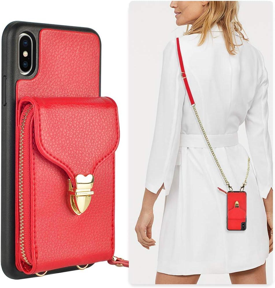 iPhone Xs Wallet Case, JLFCH iPhone Xs Zipper Leather Case with Card Slot Holder Closure Buckle iPhone Xs Crossbody Purse Handbag Wrist Strap Chain Back Cover for Apple iPhone Xs/X 5.8 inch - Red