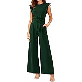 BTFBM Jumpsuits For Women 2026 Crew Neck Dressy Cap Sleeve Belted High Waist Wide Leg Romper One Piece Casual Outfits Pockets