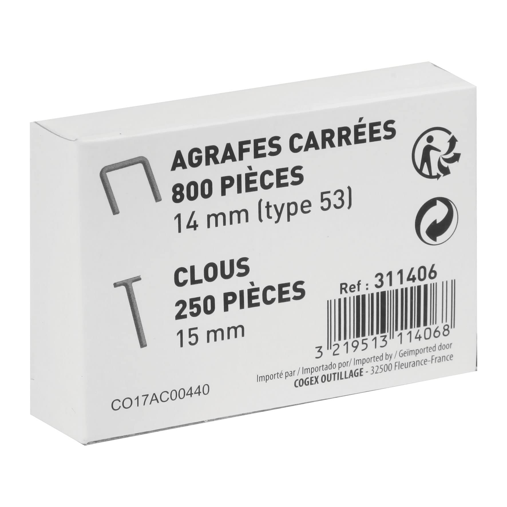 RHINO - Pack of 800 Type 53 Staples (54 mm) + 250 Nails 15 mm - Compatible with Stapler/Nailer Reference 311836/500346/311836