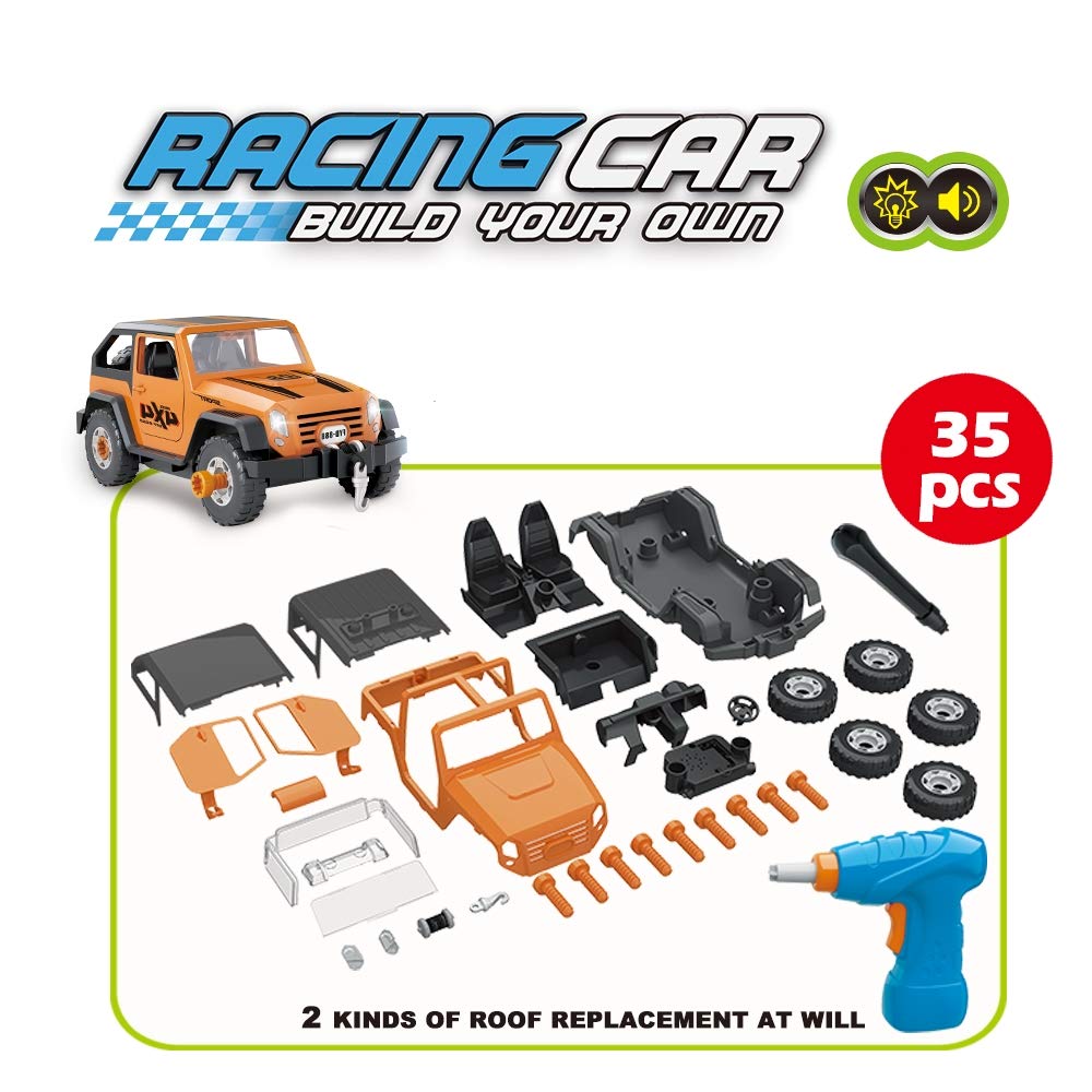 Limei STEM Land Rover Jeep Car Toy Self-Assemble Car Construction Tool with Power Drill Off Road Vehicle Automobile Fit Toy for Child Kid Toddler (Yellowish Brown)