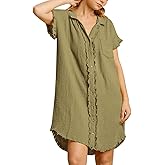Paintcolors Women's Cotton Button Down Shirt Short Sleee Dresses Tunics Oversized Beach Cover up Blouse Tops with Pockets