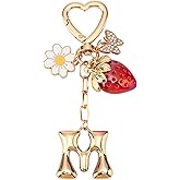 Sylixonae Strawberry Initial Keychain for Women-Cute Kawaii Gold Alphabet Bag Charms, Key chain Gift for Purse Handbag
