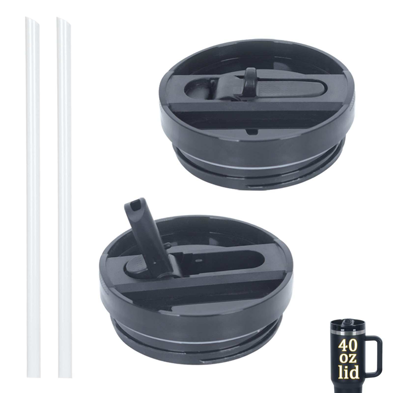Photo 1 of Tswofia 2 PACK 40 Oz Leak Splash Proof Lid, 40 Oz Tumbler Detachable Flip Straw Lid Replacement Accessories, Reusable Spill Proof Screw on Flip Straw Tumbler Cover (Black)