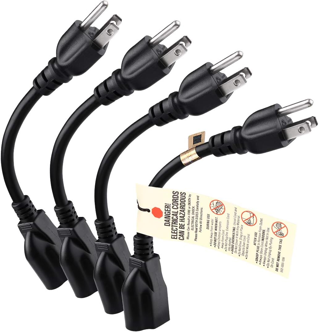 [UL Listed] Miady Short Power Extension Cord Outlet Saver, 16AWG/13A, 3 Prong (4 Pack, Black, 8 Inch): Home Audio & Theater