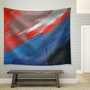 Stroke of a Brush with White, Blue and Red Acrylic Paint on a Dusty Old Metal Fence - Fabric Wall Tapestry Home Decor - 51x60 inches