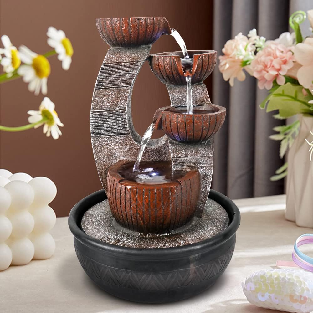 Indoor Fountains & Accessories - xpiyaer 16.1” High Cascading Tabletop Fountain w/LED Lights and Automatic Pump - Indoor 4-Tier Zen Relaxation Relaxation Waterfall Feature for Home, Office and Bedroom End Table Decoration