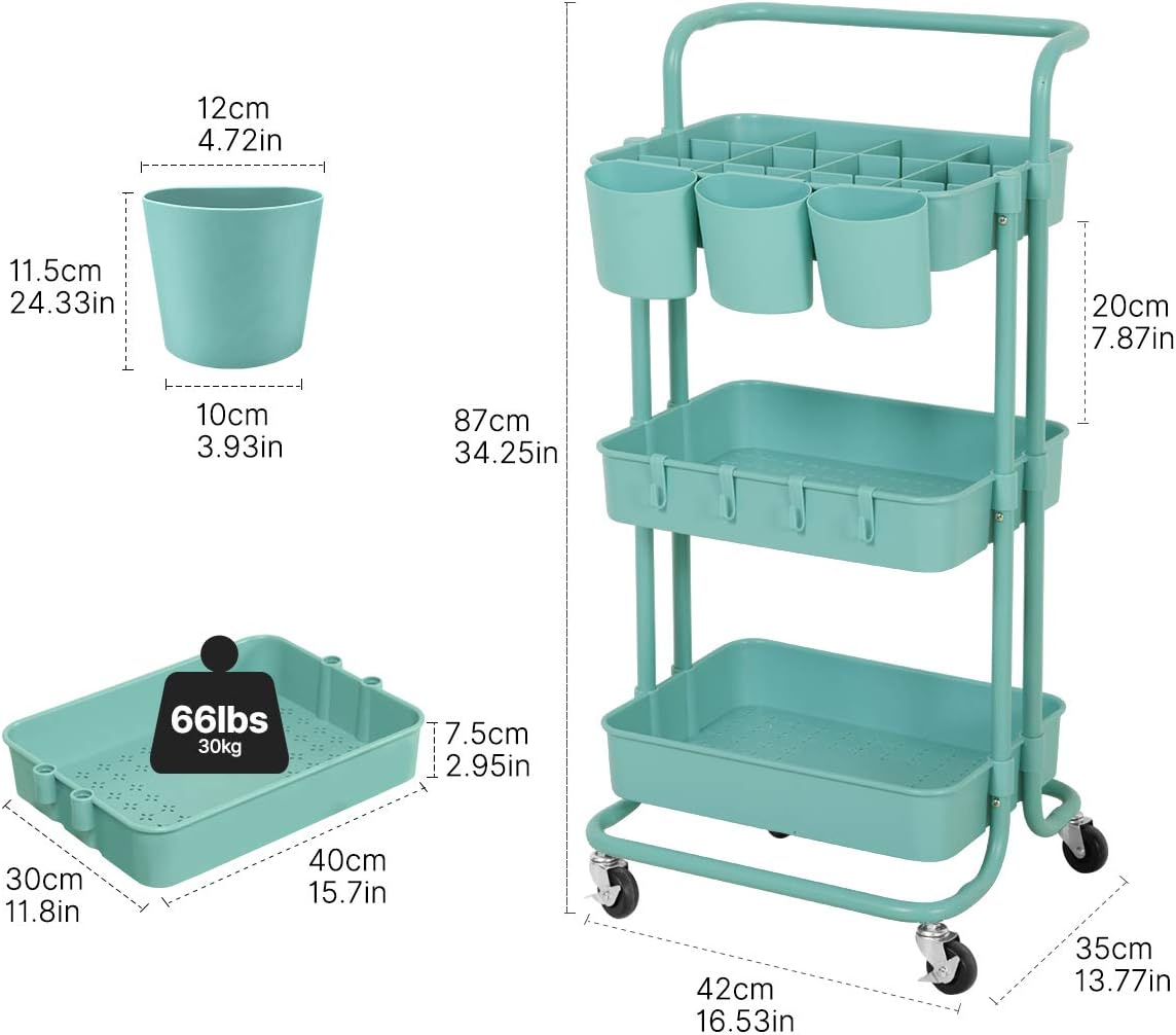 3 Tier Storage Cart, Rolling Cart，Kitchen Storage Cart, Painting Cart, Trolley Adjustable Makeup Cart with Handle/Hanging Cups/Hooks/Wheels for Bedroom/Bathroom, Teacher Cart: Kitchen & Dining