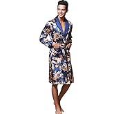 ZUEVI Men's Kimono Robe Silk Satin Long Sleeve Spa Bathrobe Lightweight Soft Silky Pajamas Robes
