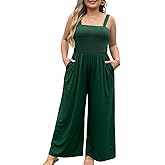 Eytino Plus Size Jumpsuit for Women Spaghetti Strap Sleeveless Overalls Stretchy Wide Leg Pants Long Rompers with Pockets