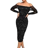 Joyfunear Women's Sexy Glitter Sparkly Off The Shoulder Long Sleeve Bodycon Party Club Outfit Midi Dress