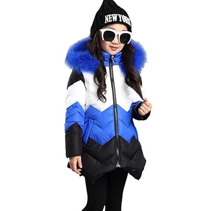 LSERVER Kinder Mädchen mit Kapuze Baumwollmantel Slim Fit A-Linie unregelmäßiger Rand Winter Jacke