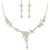 Crysdue Floral Bridal Jewelry for Wedding, Cubic Zirconia Wedding Jewelry Set for Bride Bridesmaid, Elegant Simulated Pearl Cluster Necklace Earrings Set for Wedding Prom Party