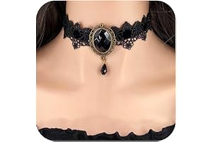 Qceasiy Gothic Black Necklace for Women, Adjustable Victorian Velvet Lace Collar, Steampunk Cosplay Jewelry Gift for Halloween Party(Black Gem Lace)