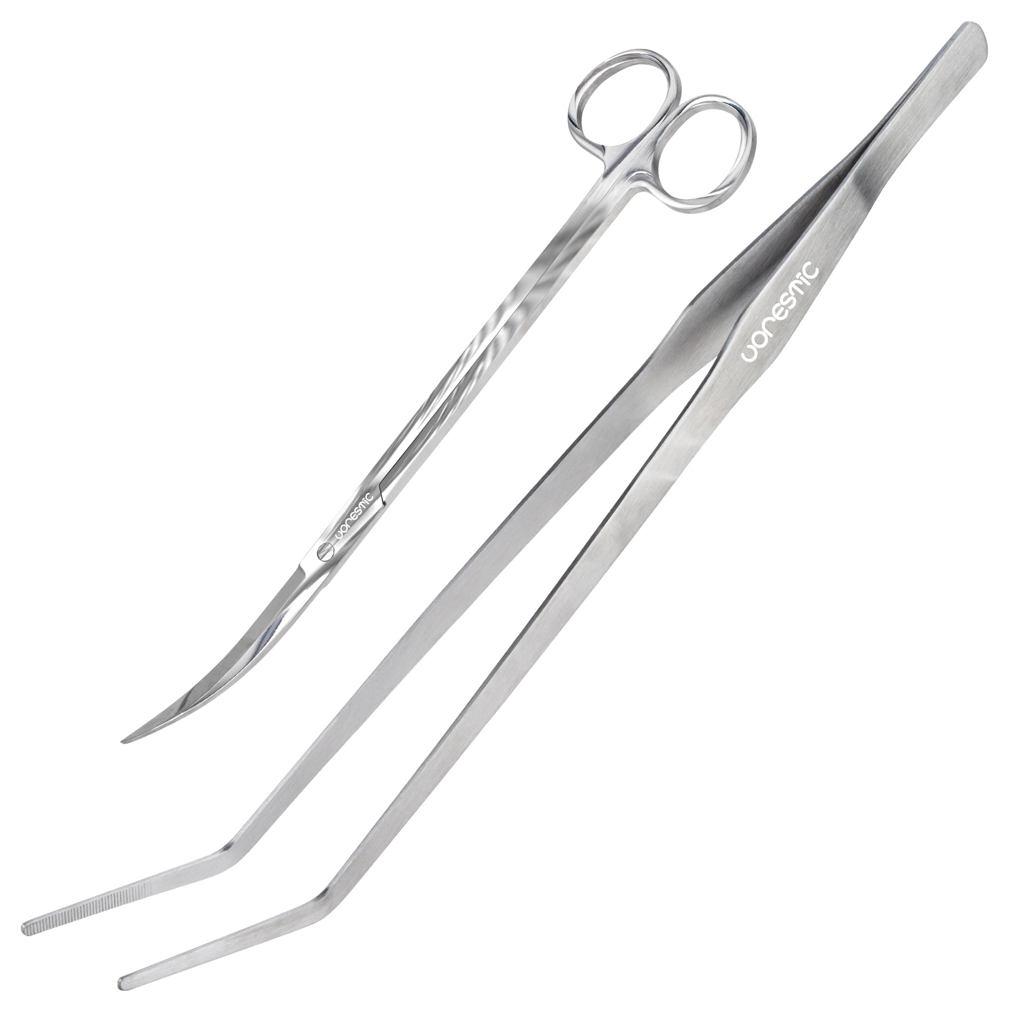 VORESTIC Curved Aquarium Tool Set, 38cm Extra Long Tweezers, 25cm Long Reptile Feeding Tongs, Terrarium Scissors for Trimming Plants