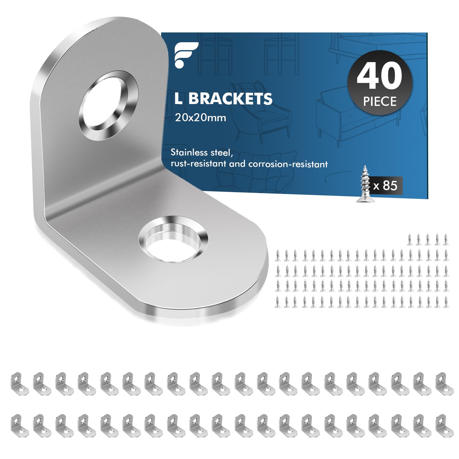shinfly Angle Brackets 40 Pcs, L Brackets for Wood with 85 Pcs Screws, 20 x 20mm Corner Metal Bracket for Wood for Furniture Shelves Chair Table Window