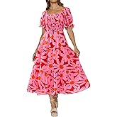 PRETTYGARDEN Women's Boho Floral Print Summer Dresses Square Neck Puff Sleeve A Line Long Dress Smocked Casual Maxi Dress