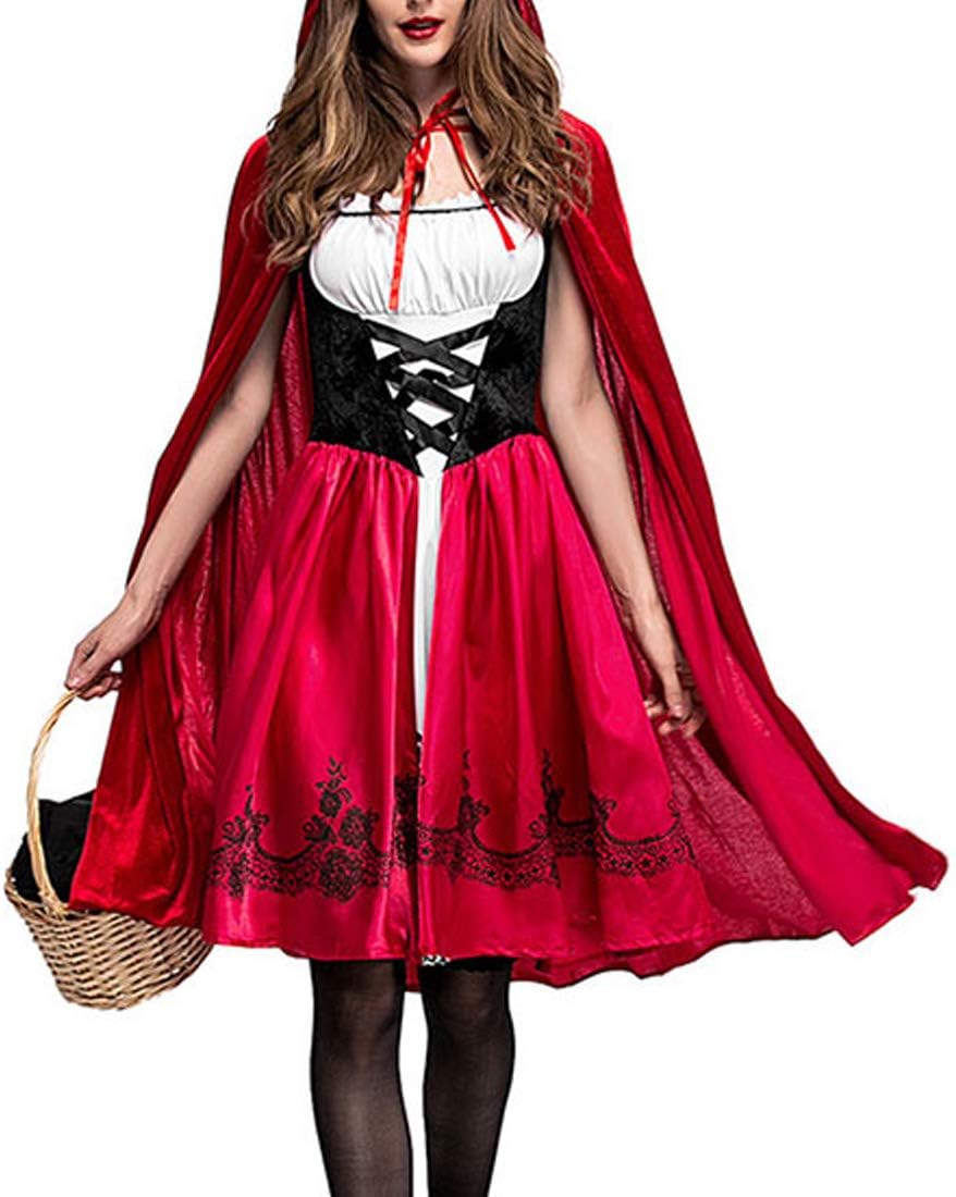 Women Halloween Costume Little Red Tan Hood Like Hanbok Adult Fantasia Dress Cloak Cosplay