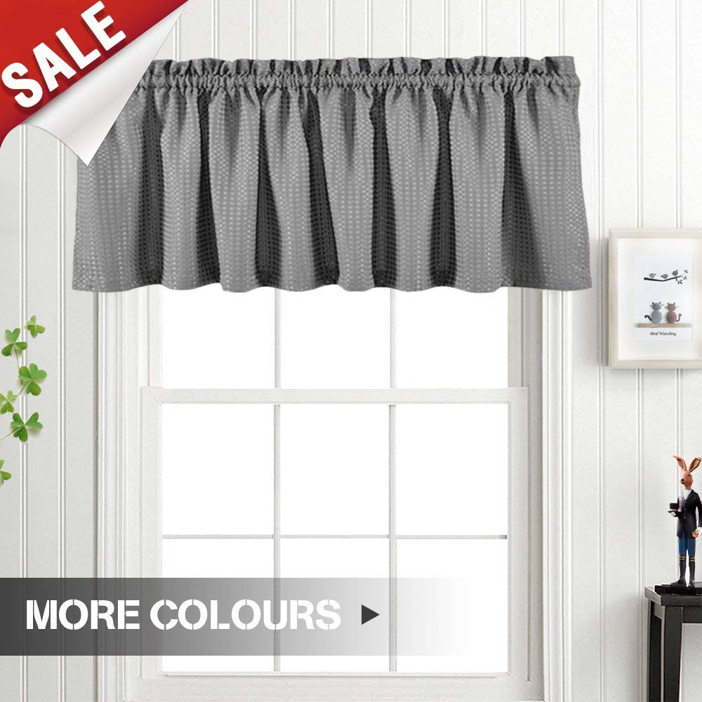 Waffle Woven Valance Waterproof Kitchen Window Treatment Set (60-by-18 Inch, Grey, One Panel)